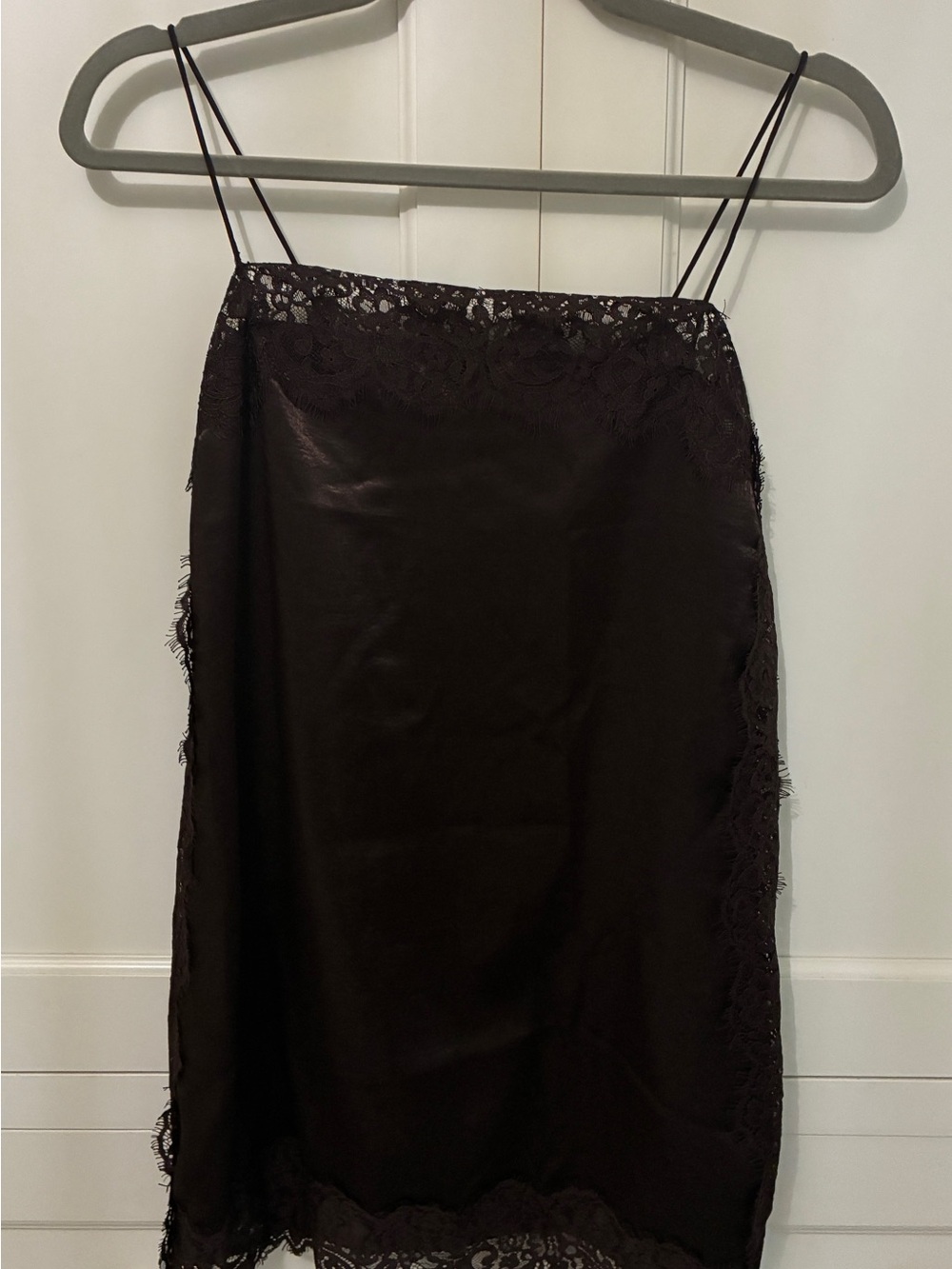Lace Trim Satin Slip Dress - Dark Brown